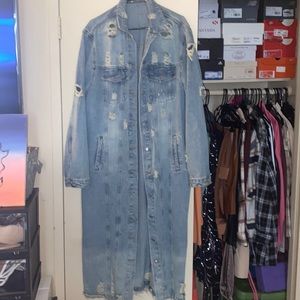 Distressed midaxi length denim jacket